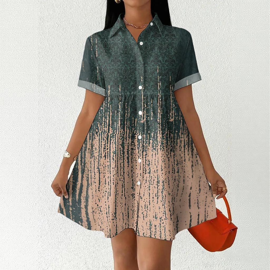 Women's Casual Loose Fit Shirt Dress Button Front Short Sleeve Collared Dress with Floral Print Suitable for Daily Wear and Outdoor Activities