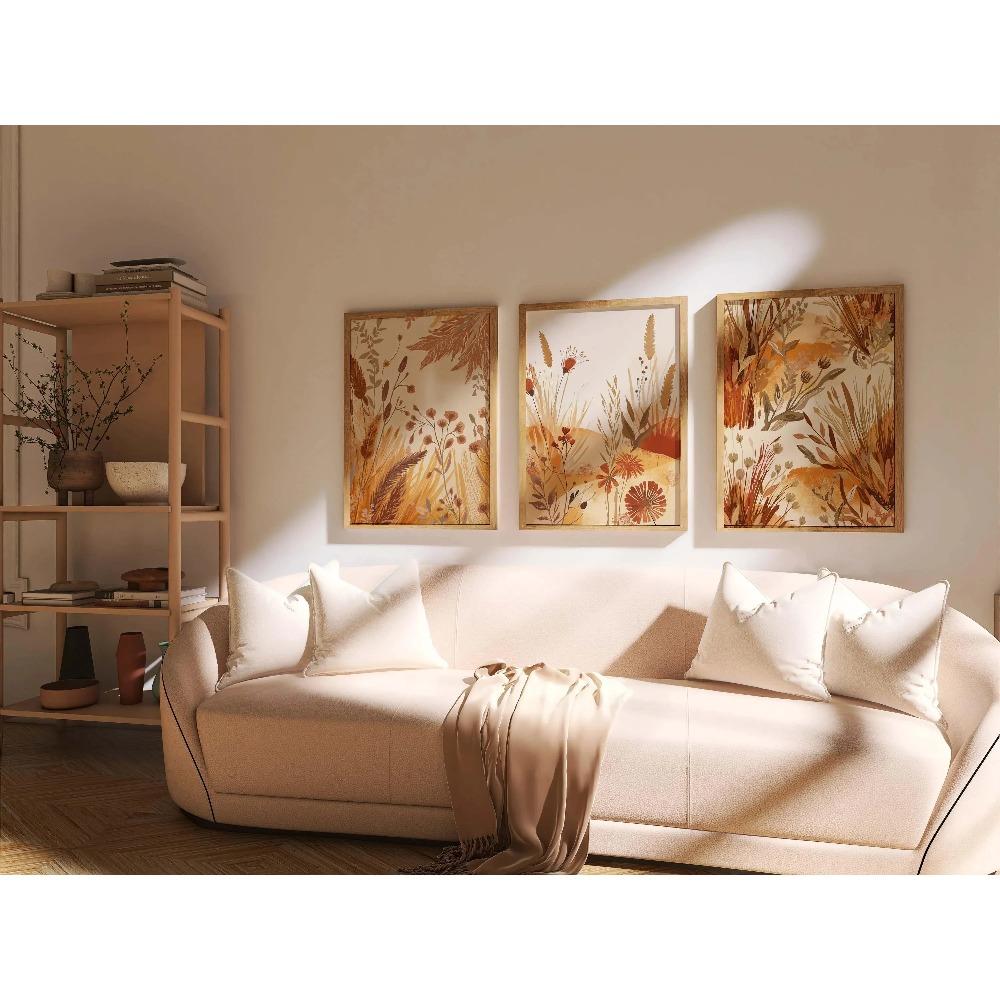 3Pcs Terracotta Autumn Botanical Wall Art, Boho Wildflower Grass Leaf Wheat Watercolor Canvas Prints,Muted Earth Tone Wall Arts