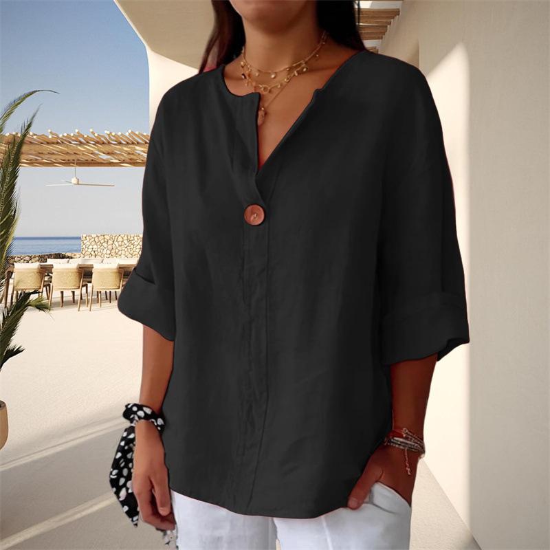 Vintage Harajuku Button T Shirt Casual Summer Three-quarters Sleeve Cotton Linen Solid Loose Blouse Elegant Oversize Tee Shirt Streetwear