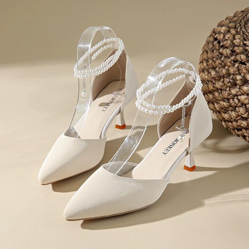HO French Pearl Strap High Heels Women's Summer Style Pointed Fine Heels Fairy Style Sandals Single Shoes 2026