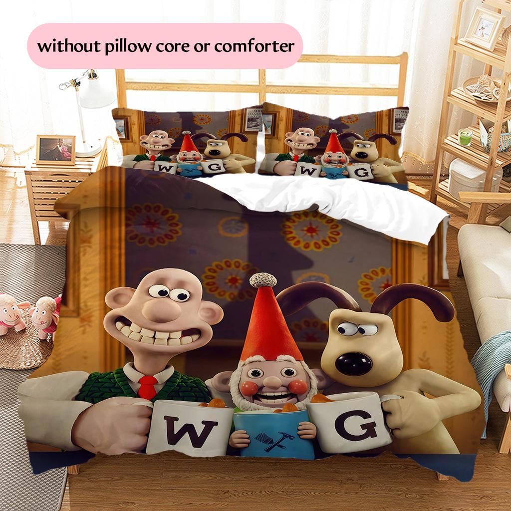 Wallace and Gromit2 Pattern Bedding Quilt Set Home Decoration Gift (1 * duvet cover + 2 * pillowcase without core)
