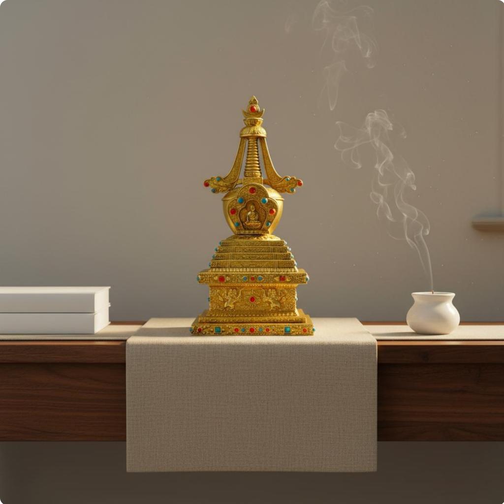 Brass Sarira Stupa Auspicious Decor Crystal Embedded Stupa Decoration Religious Item Handmade House Decoration Intricate Design