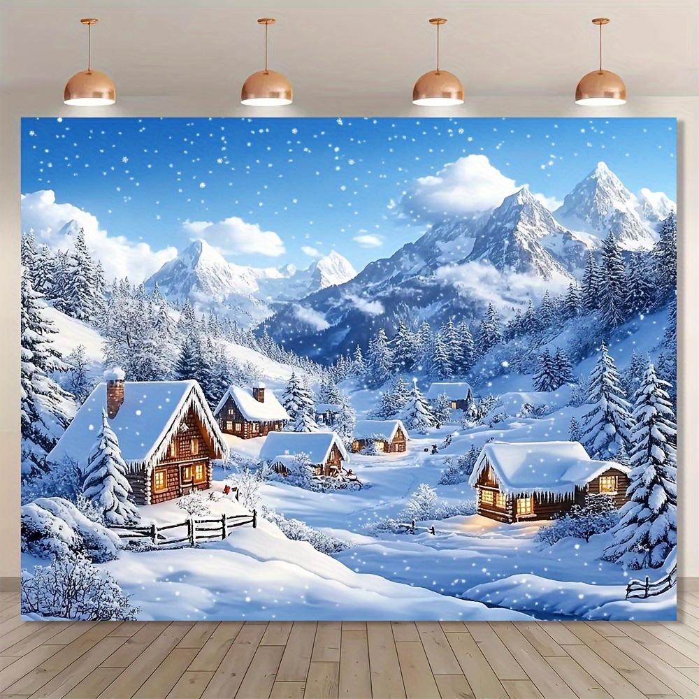 A winter Christmas village polyester background with a snow-covered cottage suitable for festive party decoration