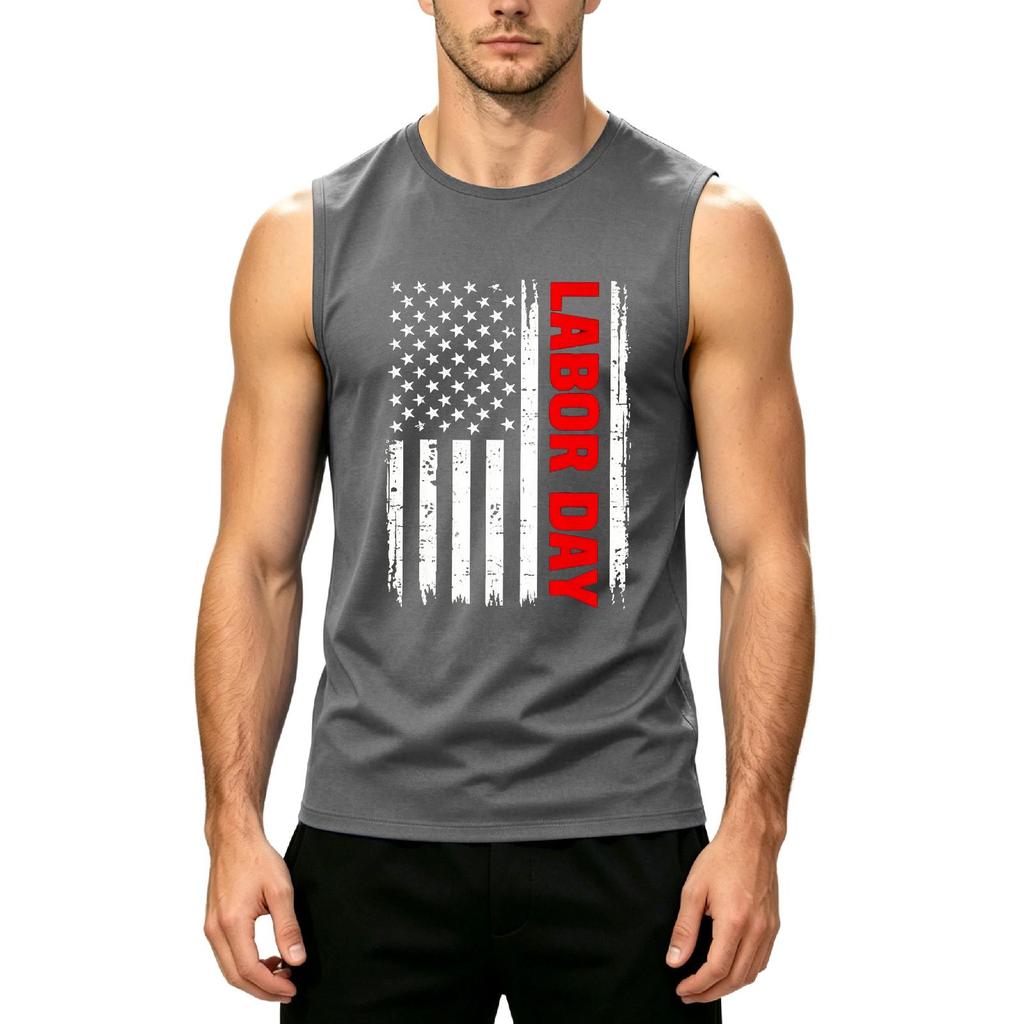 Men's Sleeveless Casual Tank Top with Printed American Flag and Labor Day Text Comfortable Fit for Summer Outdoor Activities