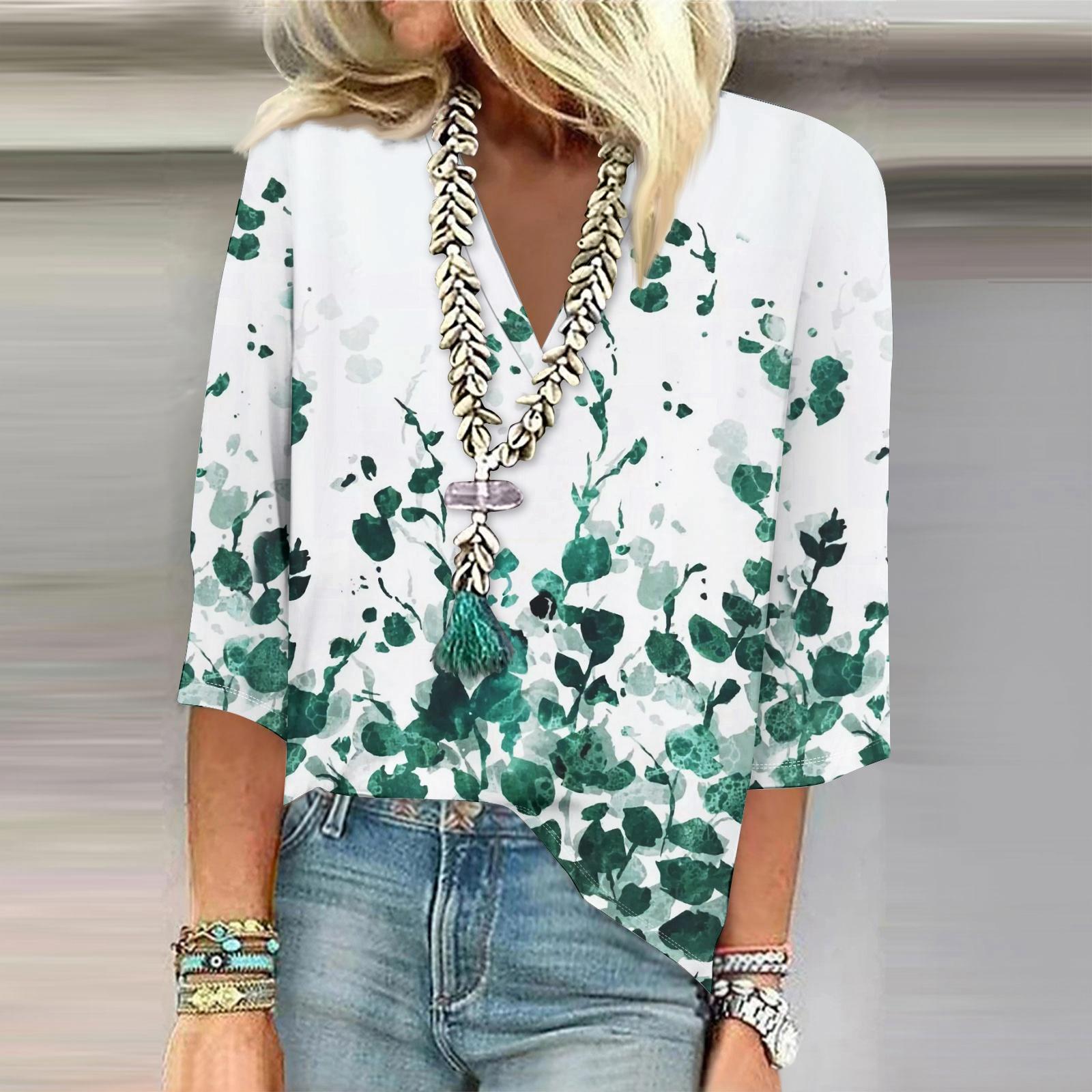 

Women s Shirt Blouse Casual Loose Shirts 3/4 Sleeve Print V Neck Tops T-shirts Tee XXXL