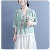 Three-quarter-sleeved Cotton and Linen Shirt Women's Literary Retro Embroidery Loose and Thin Cotton and Linen Color Matching Blouse Summer