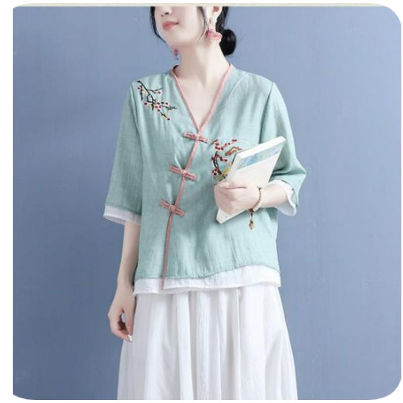 Three-quarter-sleeved Cotton and Linen Shirt Women s Literary Retro Embroidery Loose and Thin Cotton and Linen Color Matching Blouse Summer 3XL синий