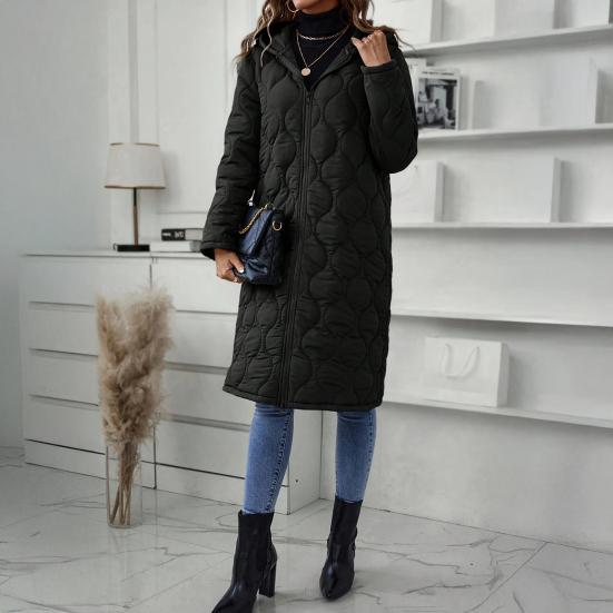 Lange gesteppte Pufferjacke für Damen, lässige, leichte, mit Reißverschluss, mit Kapuze, Winter, knielang, gefütterte Oberbekleidung