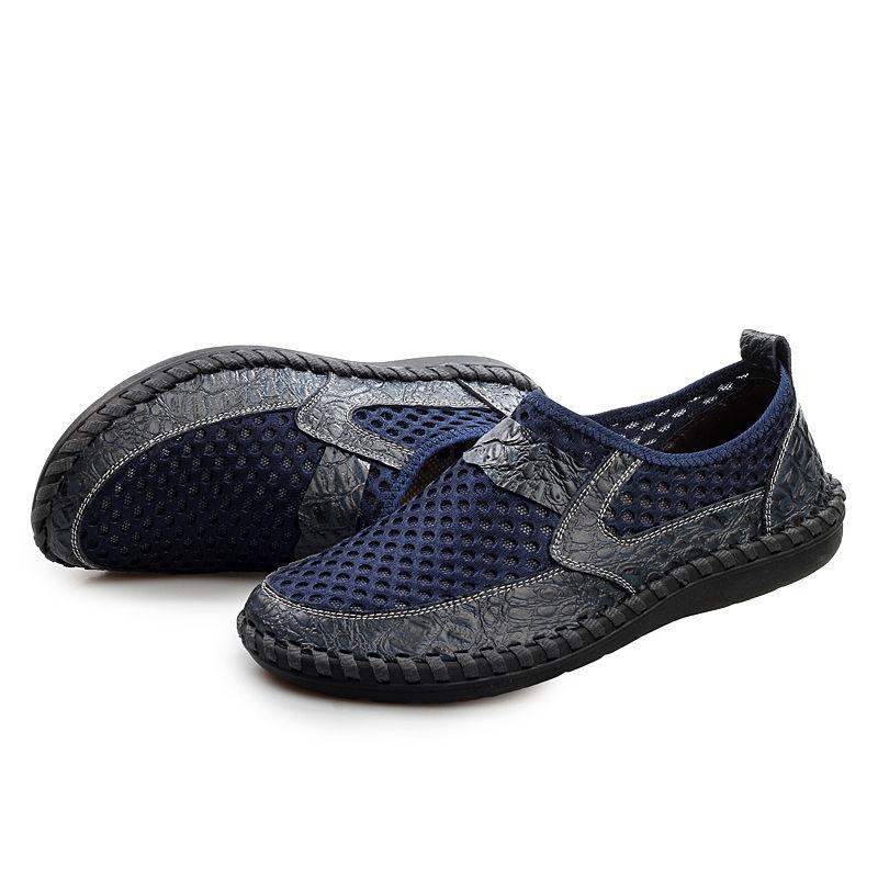 Sommar Herr ÄKTA Lädersandaler Andningsbara Lädskor Medelålders Herrskor Bekväma Slip-on Meshsko