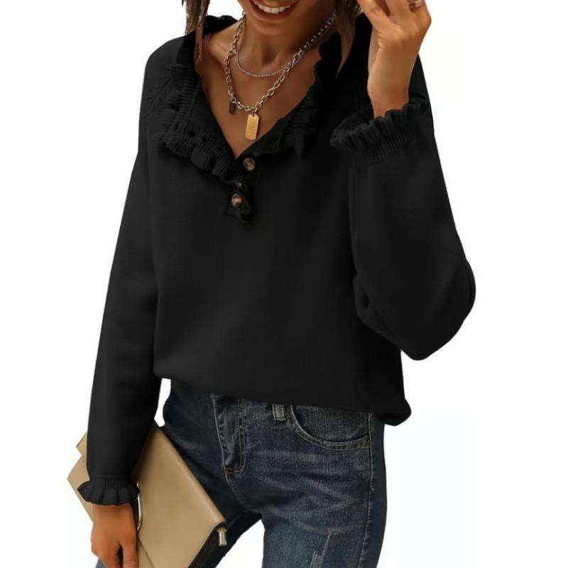 Women S Knit Long Sleeve Pullover Sweater With Buttons Ruffles