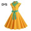 Elegant Ladies Dress Dot Printed Lapel Collar Bow On Waist Sweet Style Casual Party Dress Sleeveless Tight Waist Slim Mid-length Dress Women Summer