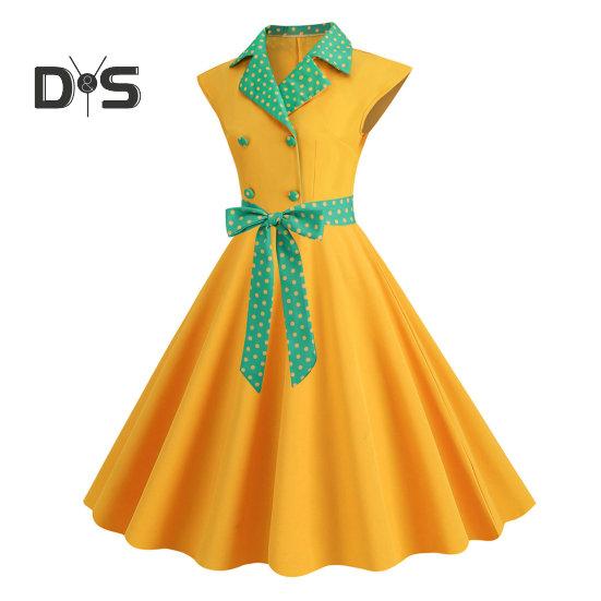 Elegant Ladies Dress Dot Printed Lapel Collar Bow On Waist Sweet Style Casual Party Dress Sleeveless Tight Waist Slim Mid-length Dress Women Summer