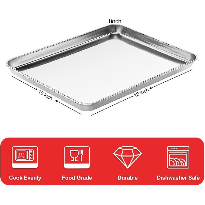 Cookie Sheets for Baking, Stainless Steel Baking Sheet Baking Pan Tray - 12.4 x 10 x 1 Inch, Non Toxic & Healthy, Mirror Finish & Easy Clean,