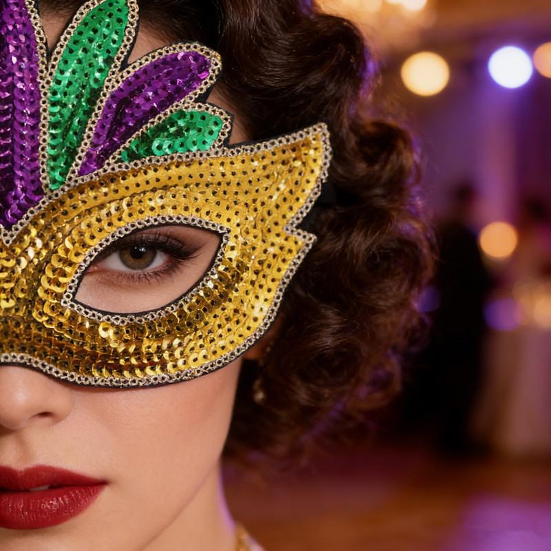 Purple Green Yellow Sequin Mardi Gras Masque Masquerade Venetian Carnival Half Face Mask Halloween Cosplay Accessories+