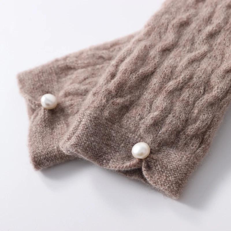 Women's 100% Cashmere Half-Finger Gloves – Pearl-Knit Detailing, Thick Warm Long Twisted Pattern for Winter Fashion
