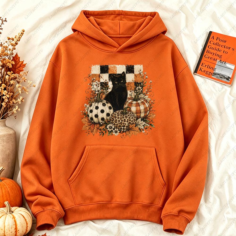Black Cat Pumpkin Fall Checkered Graphic Hoodie Women Casual Long Sleeve Pullover Vintage Halloween Autumn Holiday Gift Top