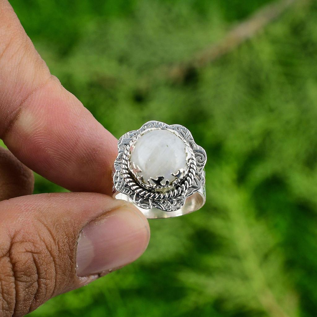 Rainbow Moonstone Stone 925 Sterling Silver Wife Statement Bezel Ring Jewelry