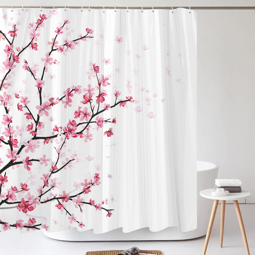 Japanese-Style Flowers Plum Blossom Shower Curtains Bathroom Curtain Frabic Waterproof Polyester Bath Curtain With Hooks