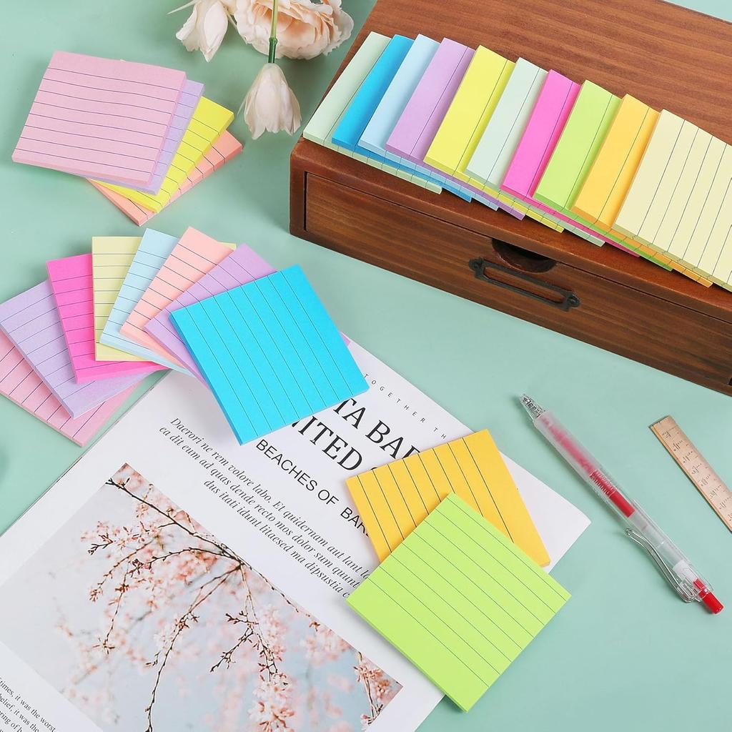 (24 Pack) Lined Sticky Notes 3x3 in Ruled Stickies Super Sticking Power Memo Pads,12 Bright Multi Colors Sticky Notes with Lines Self-Stick Note Pads