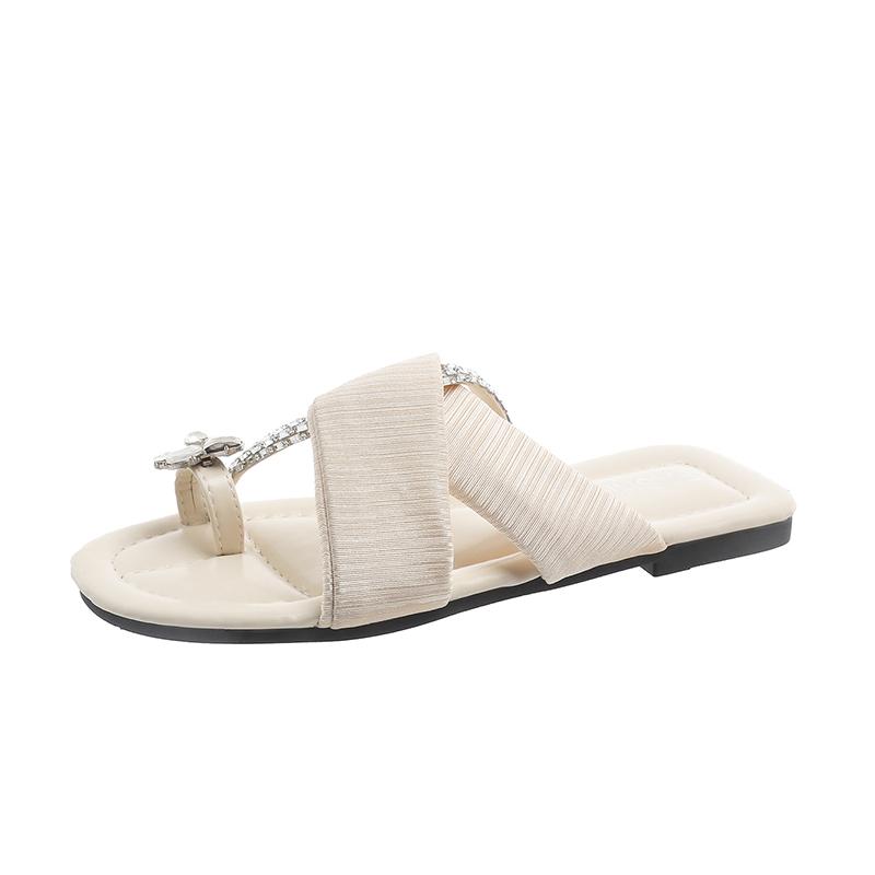 Fashion Summer Flat Slippers Women Fashion Round Head Crystal Flower Set Toe Soft Sole Anti-slip Wear-resistant Sandals