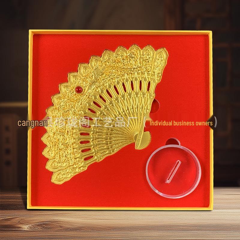 Vintage Gilt Dragon & Phoenix Gem-Inlaid Fan Ornament