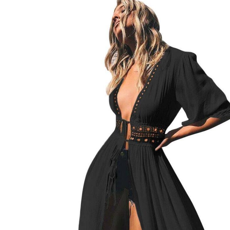 

Бікіні прикрити суцільний hollow out пляж плаття літо Шифон купальники довгий рукав купальник костюм кришка XXXL чорний