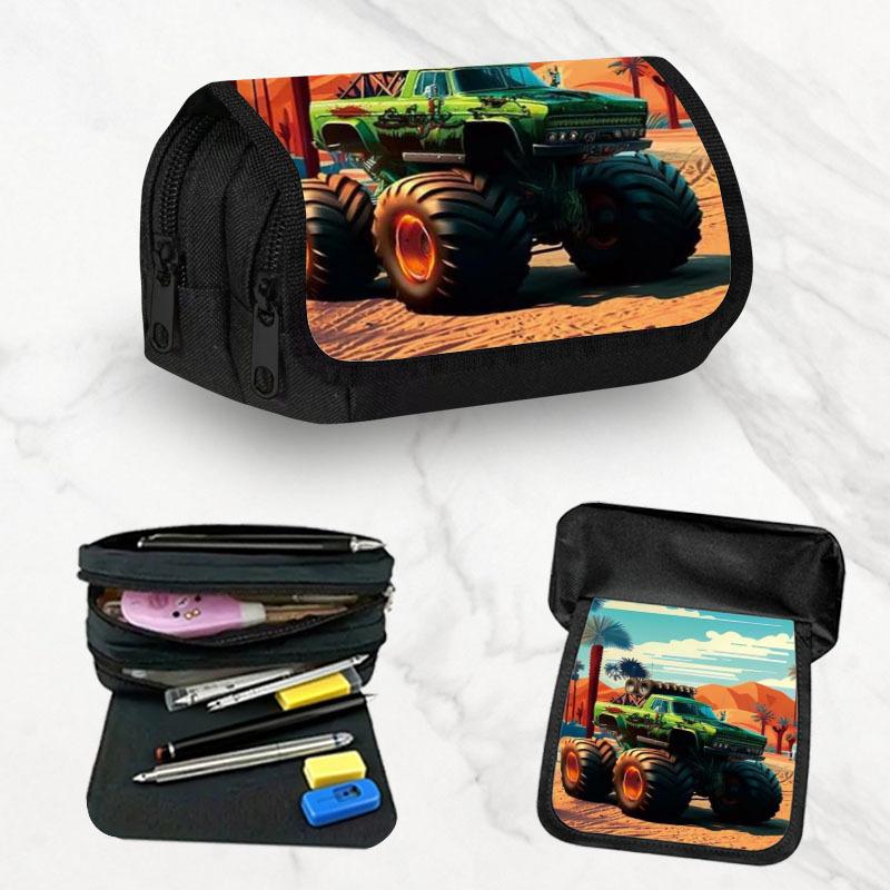Green Cartoon Style Monster Truck - Large Pencil Case, Spacious Storage Organizer, High Capacity Bag for Stationery, Pencil Pouch, Pen Case Supplies f