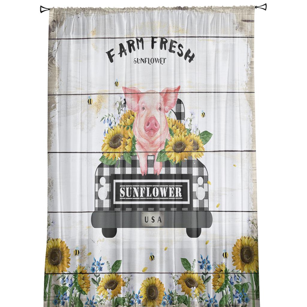 Farm Fresh Sunflower Pig Wood Plank Texture Sheer Curtains for Living Room Modern Bedroom Voile Tulle Curtain Window Drapes