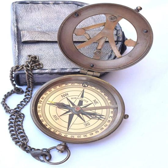 Pocket Compass Marine Sundial with Leather Case Vintage Walking Stick Gift