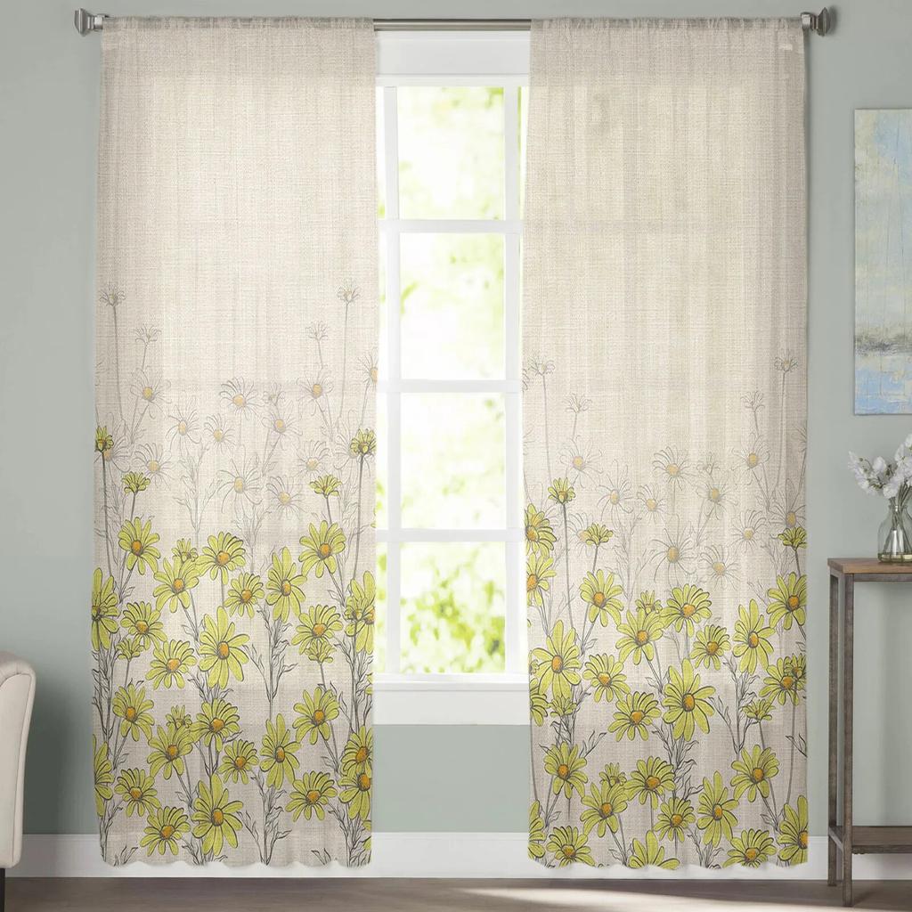 Spring Chrysanthemum Watercolor Flowers Bedroom Transparent Sheer Curtains Holiday Decoration Window Voile Tulle Curtain