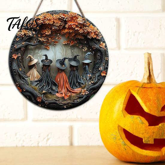 Custom Home Wall Decor Halloween Round Wooden Hanging Door Sign with 5 Witches, Decorative for Living Room Plaque Front Porch Yard Balcony Garden