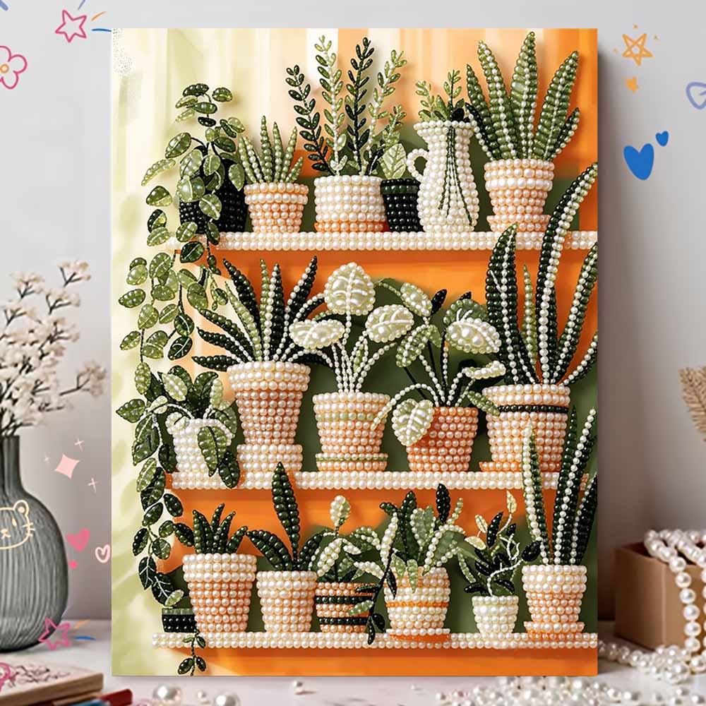 3D Perlenmalerei-Set Topfpflanzen-Design Rahmenlos DIY Perlenkunst Leinwand Freizeit Handgemachtes Bastelset für Schlafzimmer Wanddekoration
