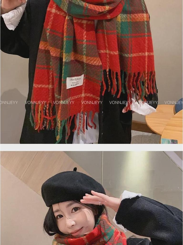 New Year Christmas Red Tassel Plaid Scarf - Women's High-End Warm Winter Korean Shawl