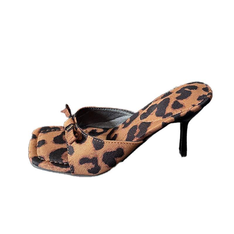Elegant Leopard High Heeled Sandals for Women Fashion Bow-Knot Square Toe Sandal Female Office Ladies Thin Heels Sandalias Mujer