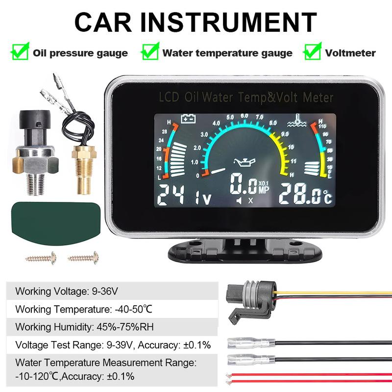 Car LCD Meter Digital Oil Pressure Voltage Water Temperature Gauge 3-in-1 Universal Instrument 9-36V for Car Truck SUV RV