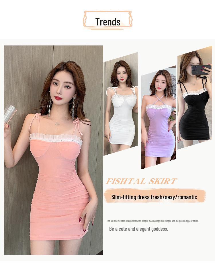 2026 Spicy Nightclub Lace Trim Bodycon Dress - Sweet & Stylish Spaghetti Strap Hip-Hugging Mini