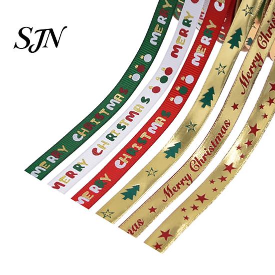 Decorative Crafting Ribbon for Flowers Christmas Gold Foil Ribbon, Merry Fabric Shiny Printed Apple Wrapping Holiday Gift Packing, Xmas Party