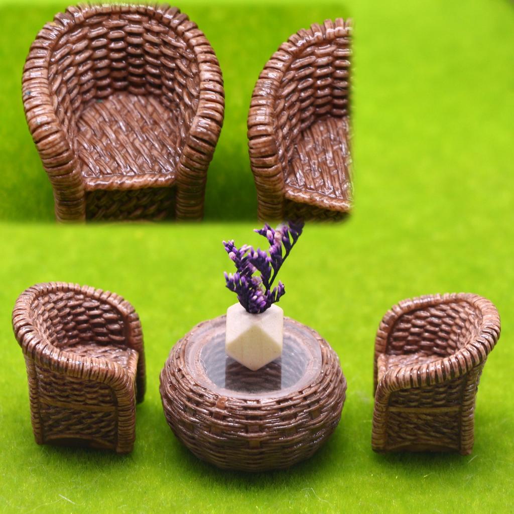 Dollhouse Plastic Furniture Miniature Simulation Bamboo Woven Table Chair Model Set Dollhouse Table Chair Figurine Decor