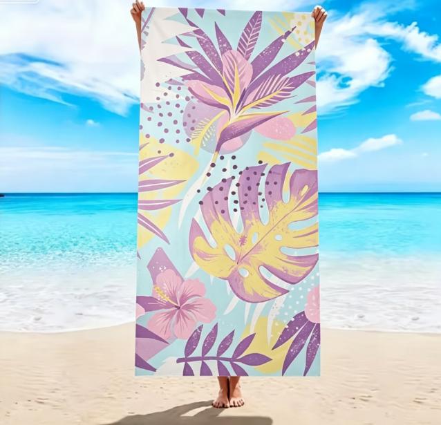 Pastel Tropical Leaves Hibiscus Print Beach Towel, Large Microfiber Sand Free Quick Dry Towel For Beach Pool Camping Towels