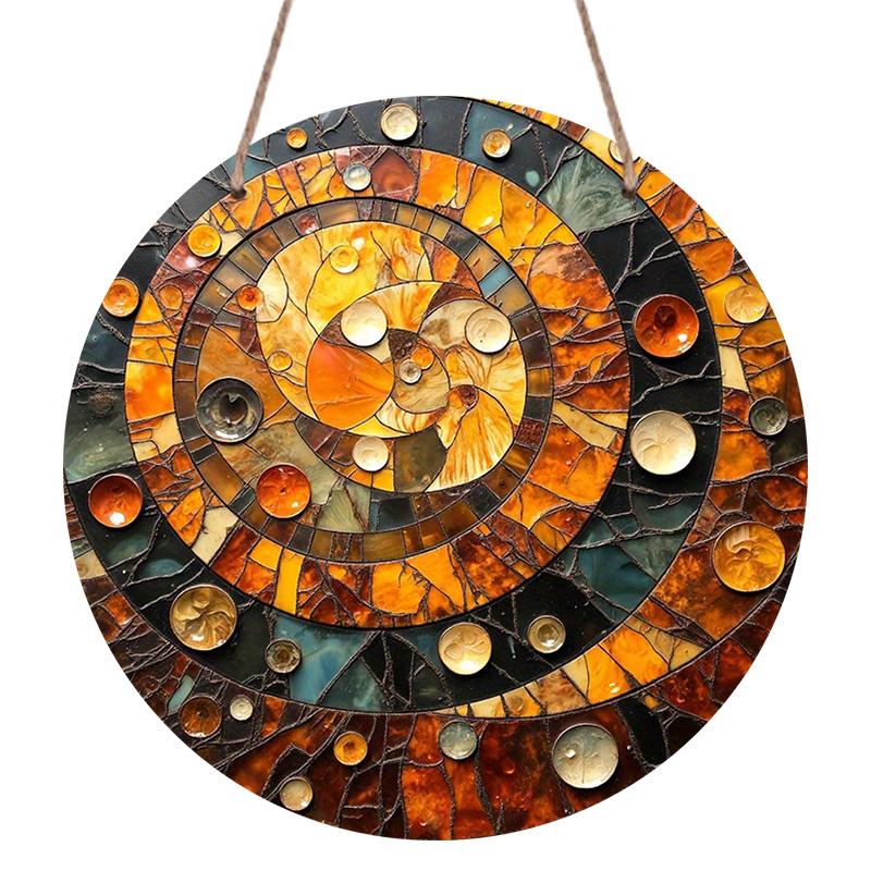 2D Flat, 1pc Round Aluminum Wall Sign Featuring Spiral Mosaic Design with Amber Glass Stones, Perfect for Holiday Gift, Multi-Scene Boho Decor for 7.87×7.87inch