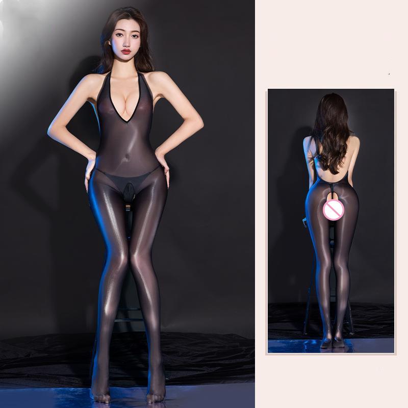 Sexy Women Suspenders Backless Crotchless Bodysuit Sheer Open Crotch Erotic Tights Glossy Jumpsuit One-piece Body Stockings