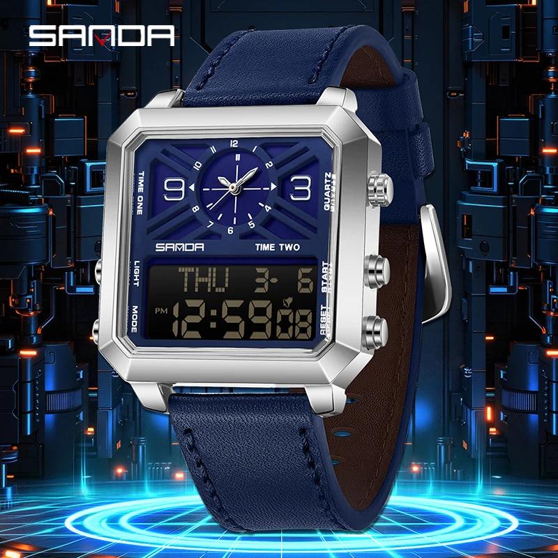 Sanda Brand Business Sports Square Dual Display Men's Quartz Waterproof Led Analog Digital Countdown Electronic Male Watch