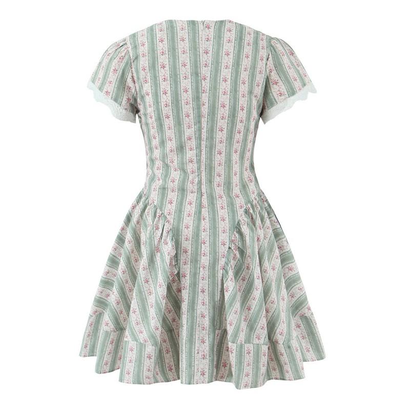 House Style French Sweet Floral Bow Striped Lace V-Neck Mini Dress Women