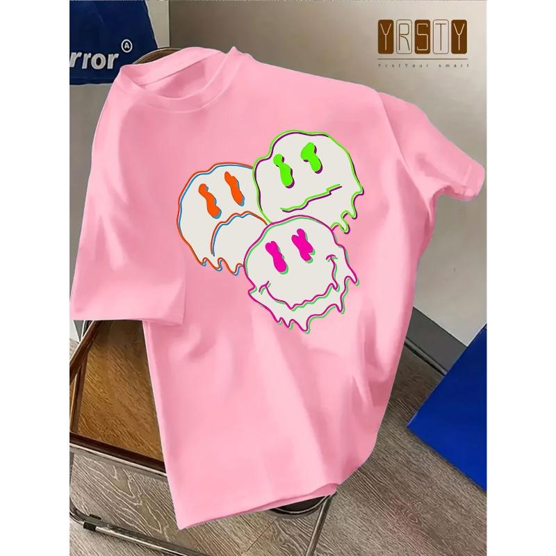 European sizes Summer New Trend Cartoon Joyful Print Casual Short Sleeve T-Shirt - Fashionable and Versatile Casual Top 98cm розовый