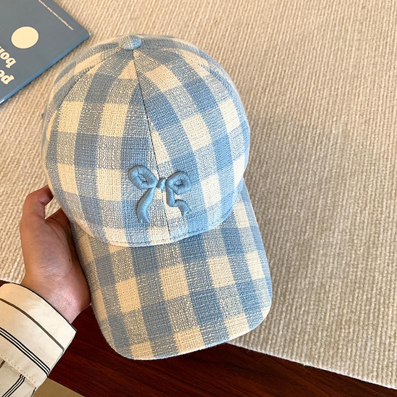 Hat Female original versatile sweet bow embroidered baseball cap spring and summer plaid cap showing small face