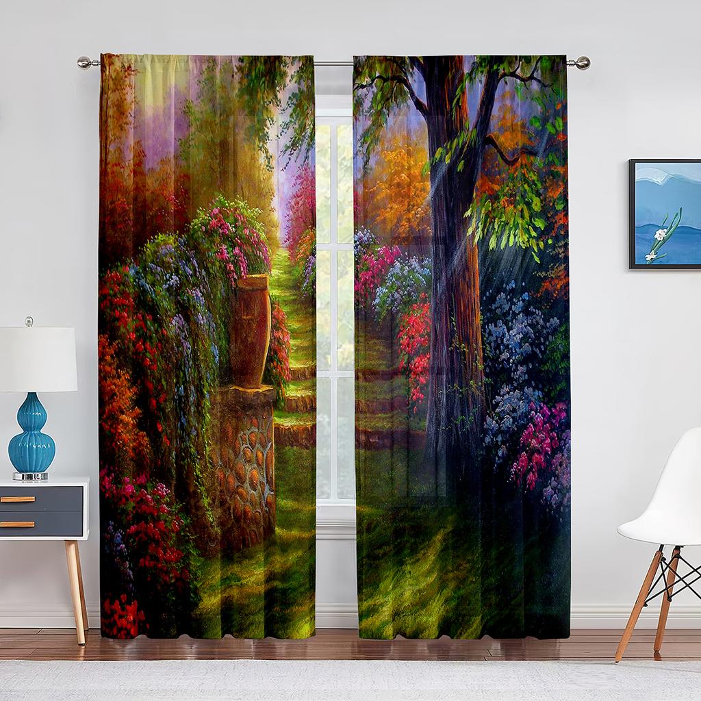 Pink Flowers Cherry Blossoms Park Spring Floral Trees Road Tulle Curtains for Living Room Chiffon Sheer Kitchen Bedroom Curtain