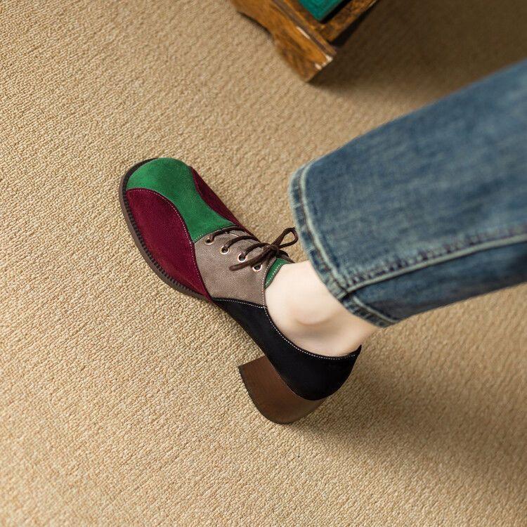 2025 nowe buty damskie głębokie wycięcie buty na średnim obcasie gruby obcas okrągły nosek kolorowe sznurowane modne krzyżowe paski damskie