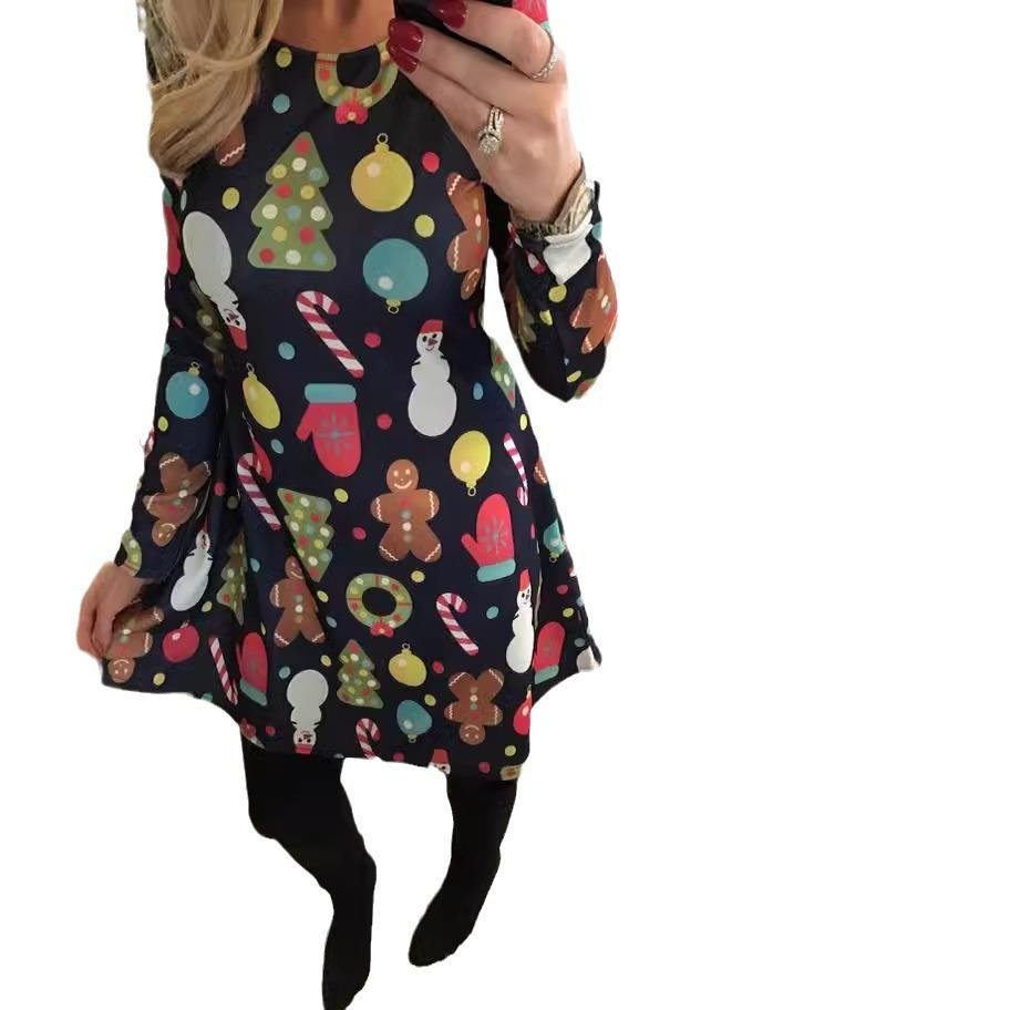 

GMXIA Женская мода весна-осень цветочный принт длинный рукав О-образный вырез высокая талия повседневные платья XXXXXL