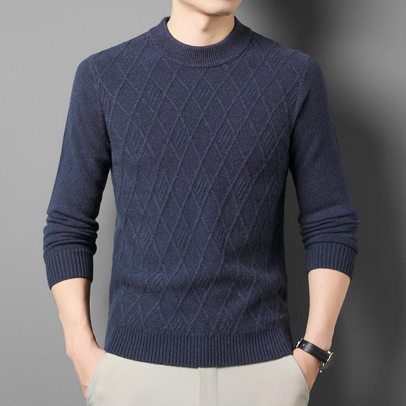 Men's 100% Wool Round Neck Winter Sweater, Casual Business Jacquard Knitwear