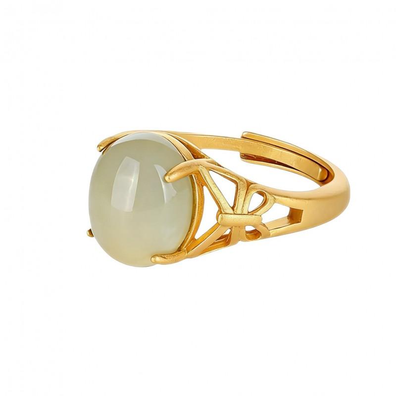 Adjustable Open Ring Women Men Copper Gold Plated Jade Butterfly Filigree Vintage Boho Jewelry